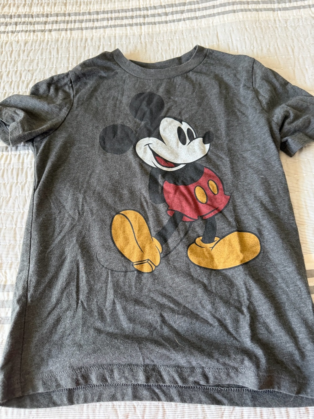 Old Navy Gray Mickey Mouse Walking Graphic Tee with Red Shorts and Yellow Shoes